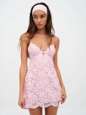 For Love And Lemons Pink Lace Tie-Shoulder Chemise